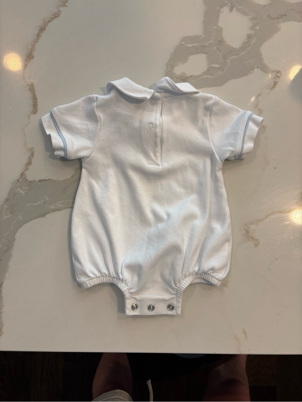 White Baby Polo Romper with Blue Trim and Tractor Embroidery - Picture 2 of 3